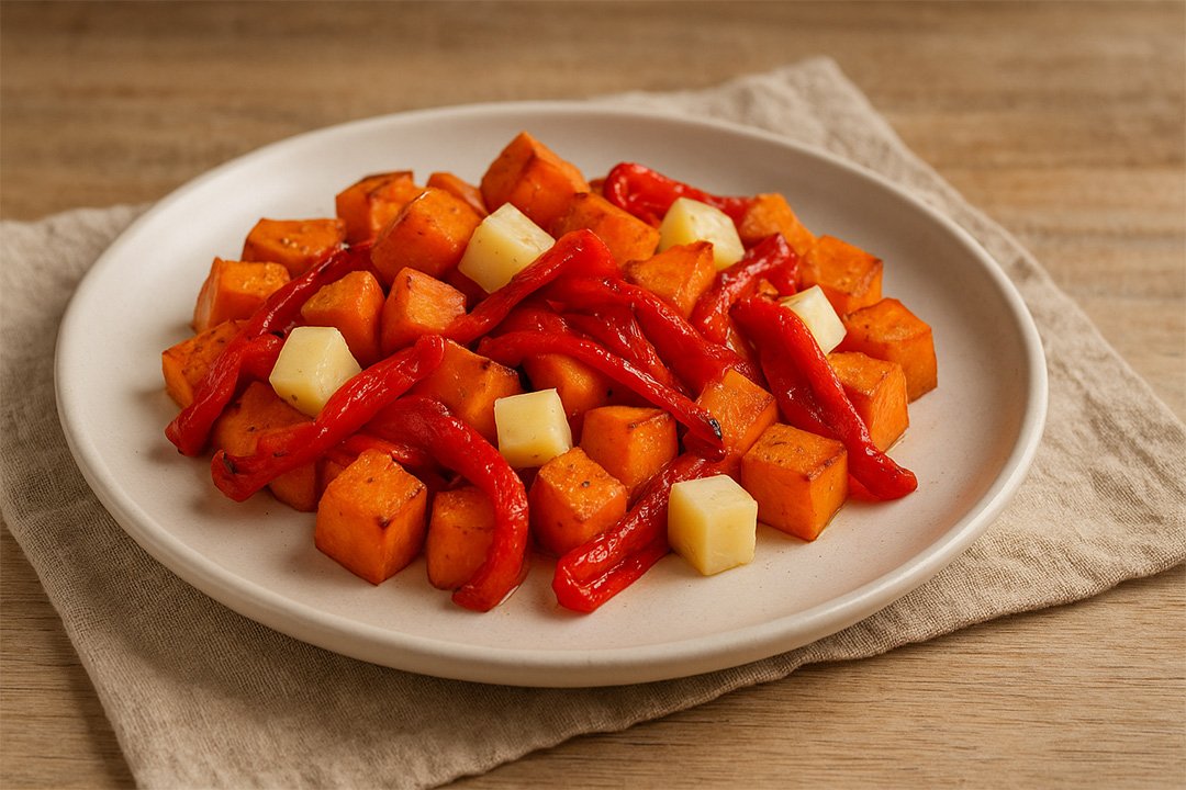 Receta de boniatos al horno con pimientos asados y queso