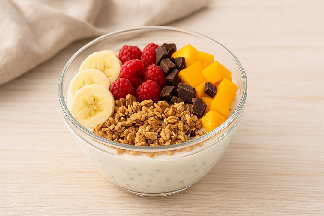 Yogur con cereales fruta y chocolate receta